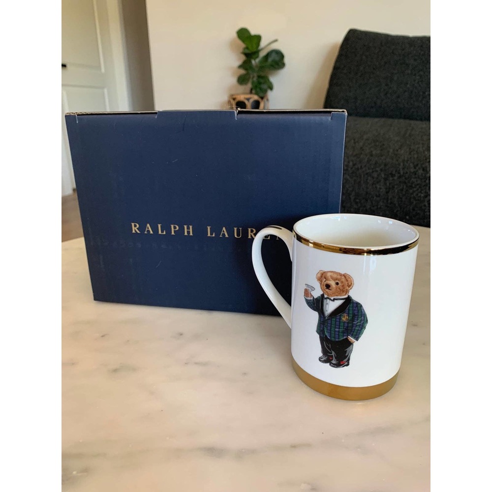 NIB Ralph Lauren Tuxedo Teddy Bear Gold-Rimmed Mug
